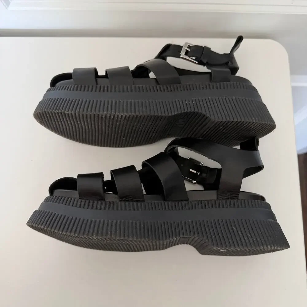 GANNI (US 7 / EU 37) Black Leather Fisherman Sandals Platform Lug Sole Shoes